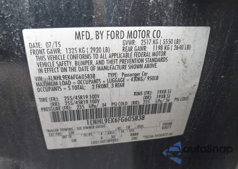 2015 Lincoln Mks from USA, damaged, VIN 1LNHL9EK6FG605838